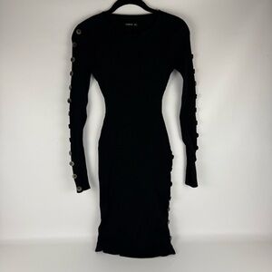 🖤 PattyBoutik Black Ribbed Button-Sleeve Bodycon Dress